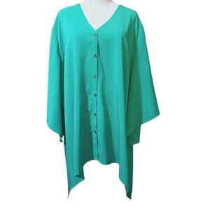 CATHERINES Turquoise Green Blouse Top Plus 3X Flowy Asymmetric Hem V-Neck Career